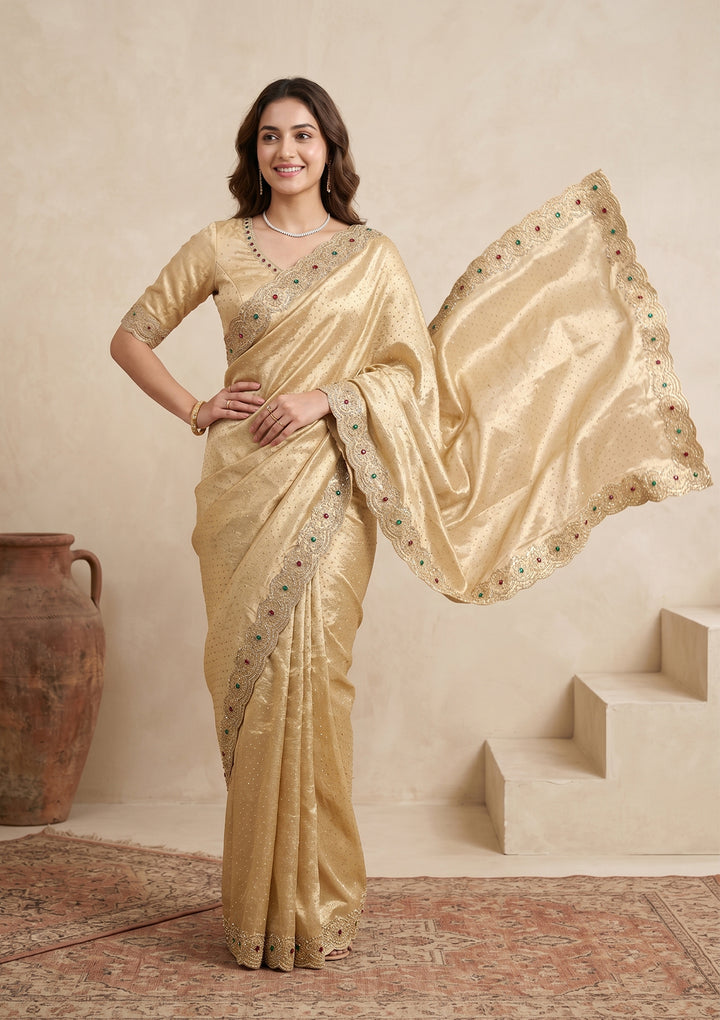 Gold Organza Silver Stonework Saree With Matching Blouse Piece