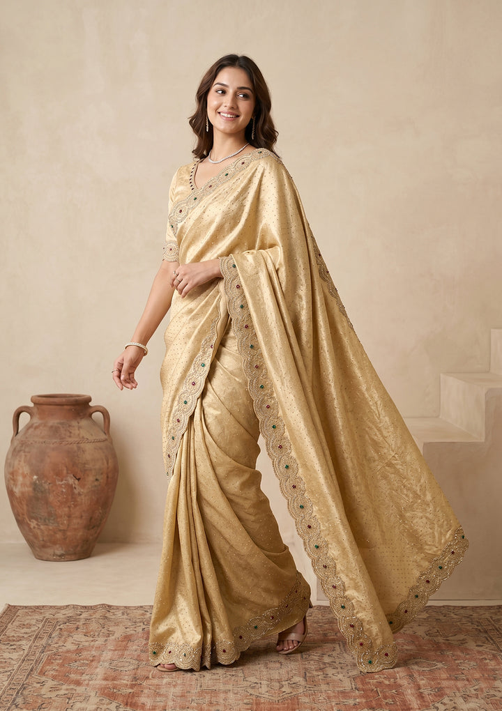 Gold Organza Silver Stonework Saree With Matching Blouse Piece