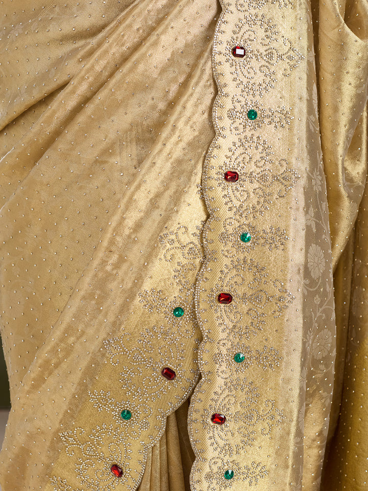Gold Organza Silver Stonework Saree With Matching Blouse Piece