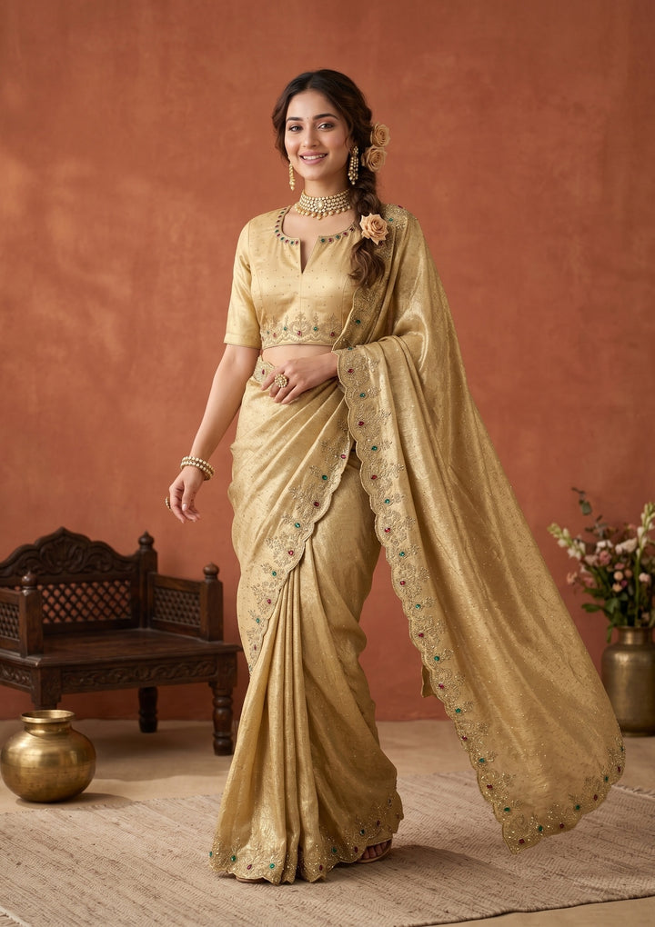 Gold Organza Silver Stonework Saree With Matching Blouse Piece