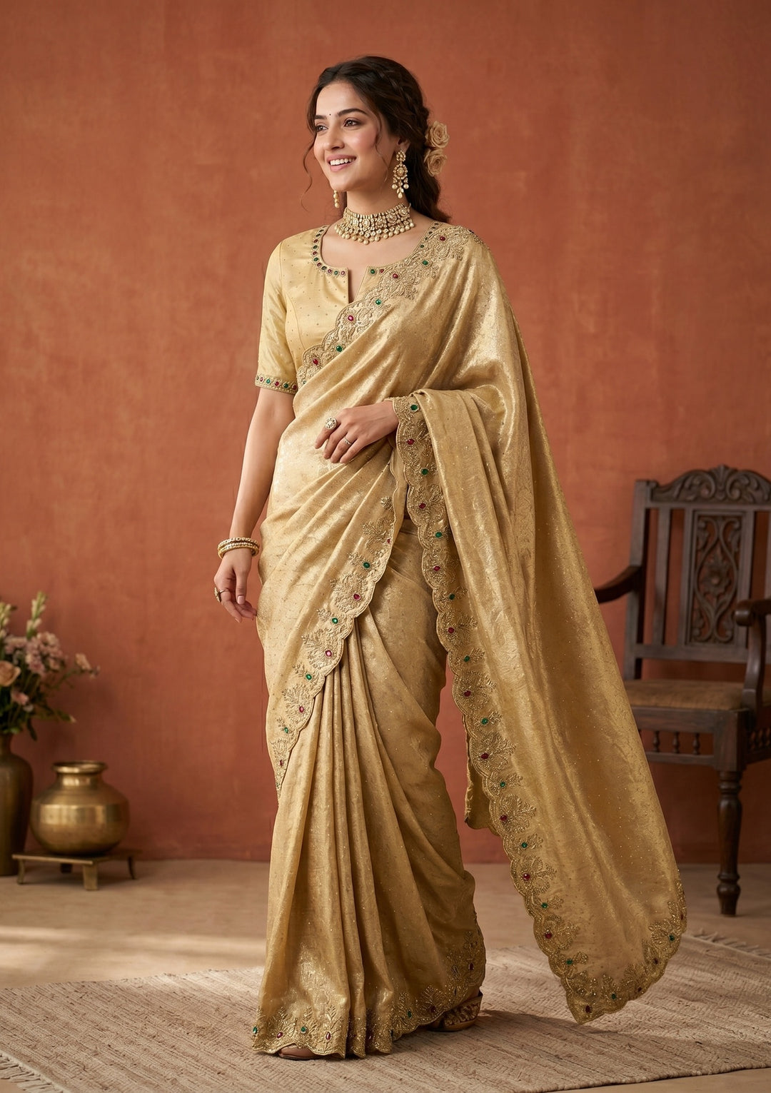 Gold Organza Silver Stonework Saree With Matching Blouse Piece
