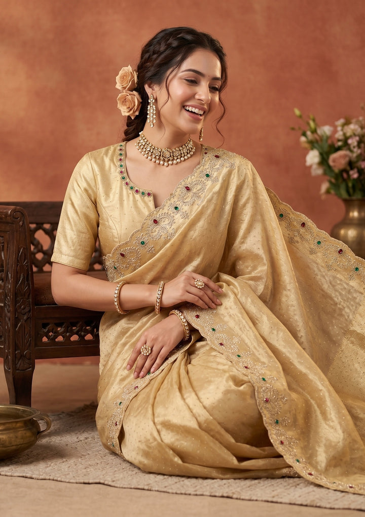 Gold Organza Silver Stonework Saree With Matching Blouse Piece
