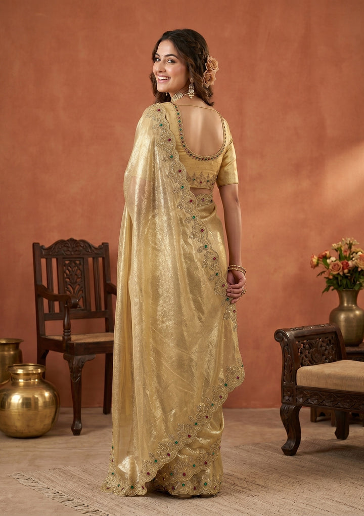 Gold Organza Silver Stonework Saree With Matching Blouse Piece