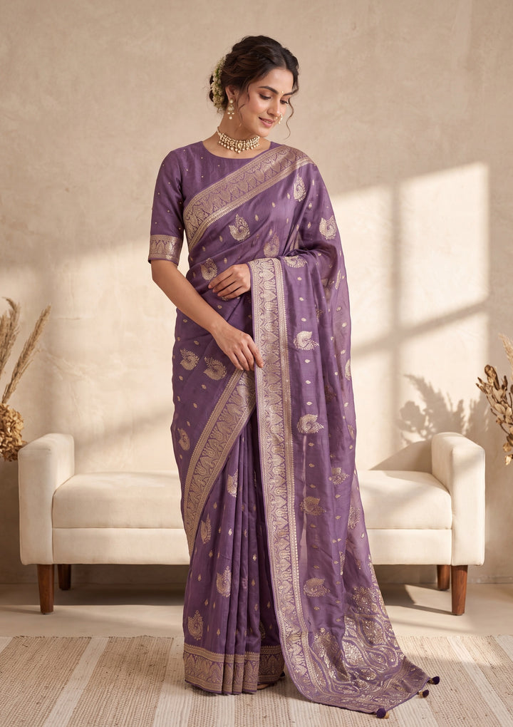 Lavender Banarasi Silk Saree With Matching Blouse Piece