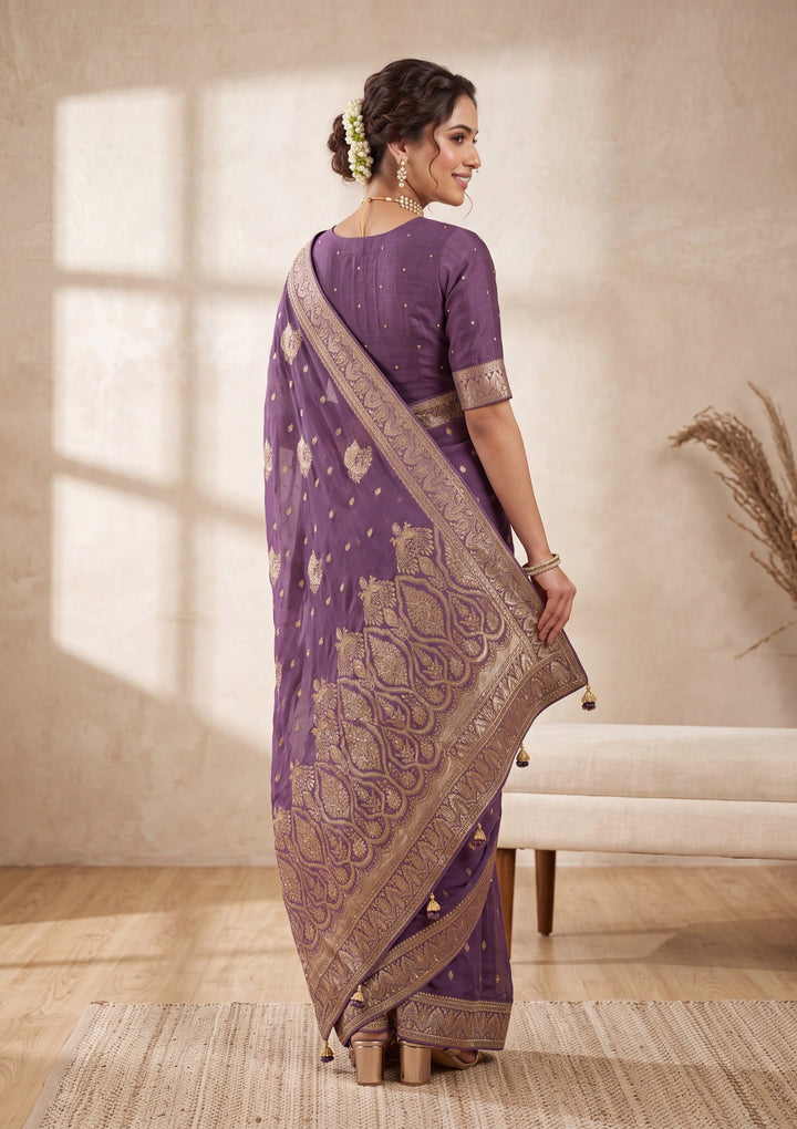 Lavender Banarasi Silk Saree With Matching Blouse Piece