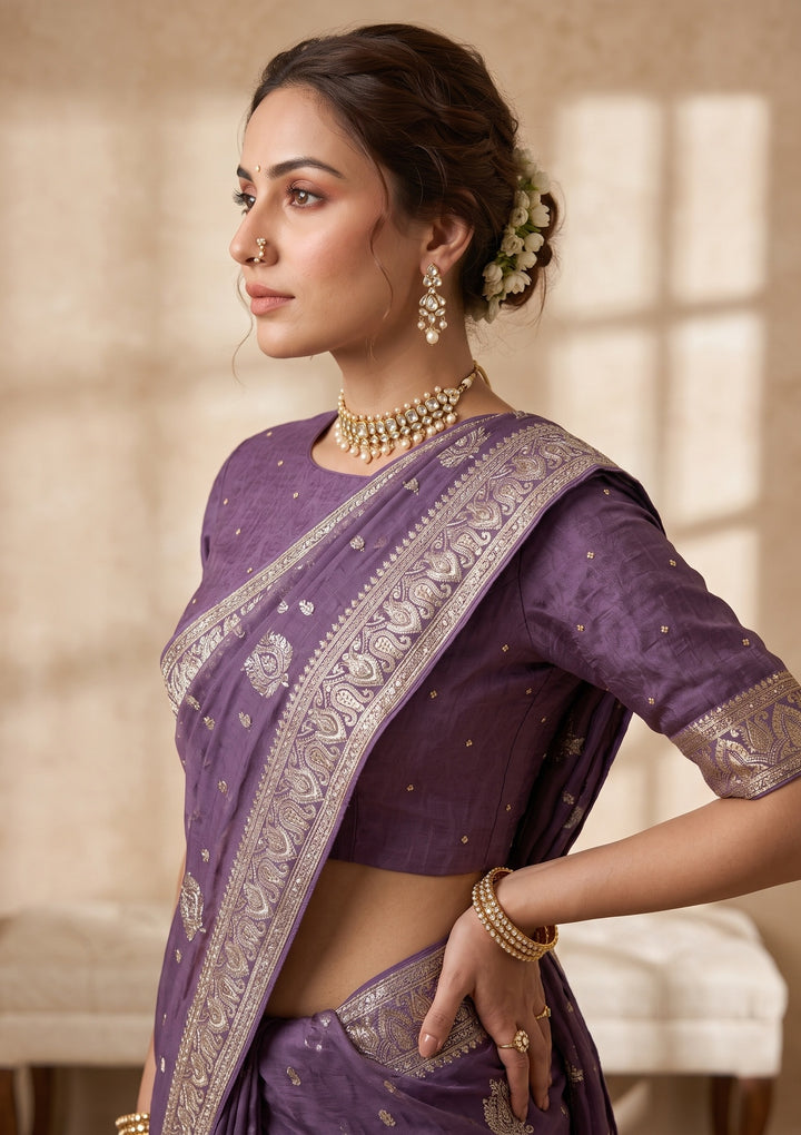 Lavender Banarasi Silk Saree With Matching Blouse Piece