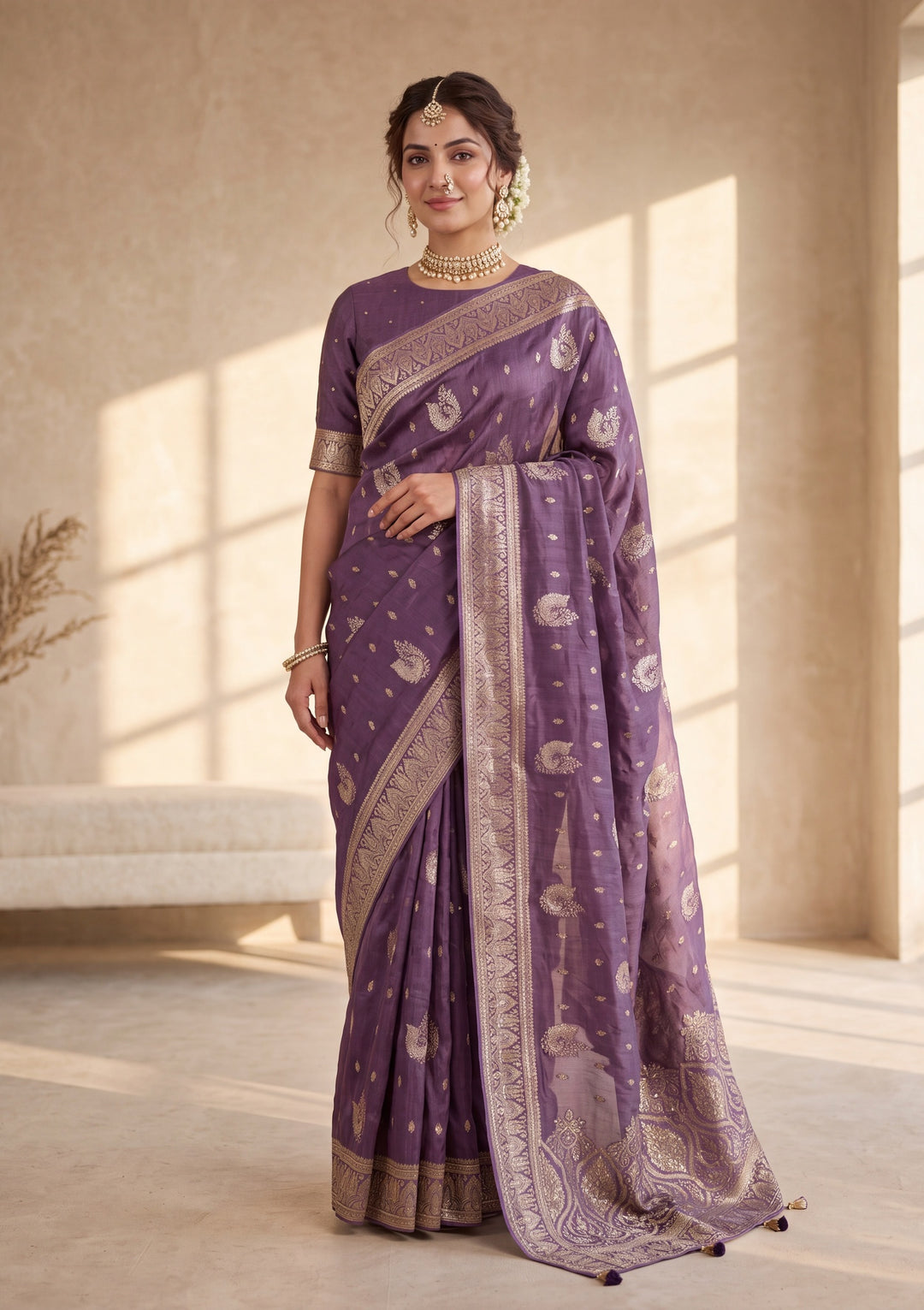 Lavender Banarasi Silk Saree With Matching Blouse Piece