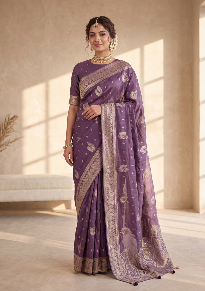 Lavender Banarasi Silk Saree With Matching Blouse Piece