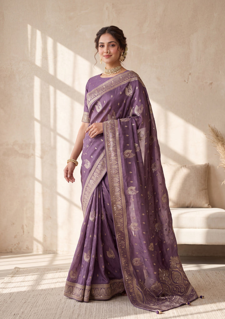 Lavender Banarasi Silk Saree With Matching Blouse Piece