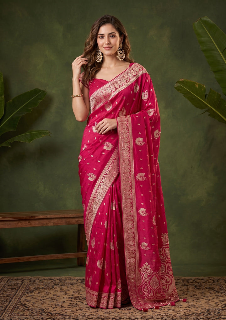 Rani Pink Banarasi Art Silk Saree With Matching Blouse Piece