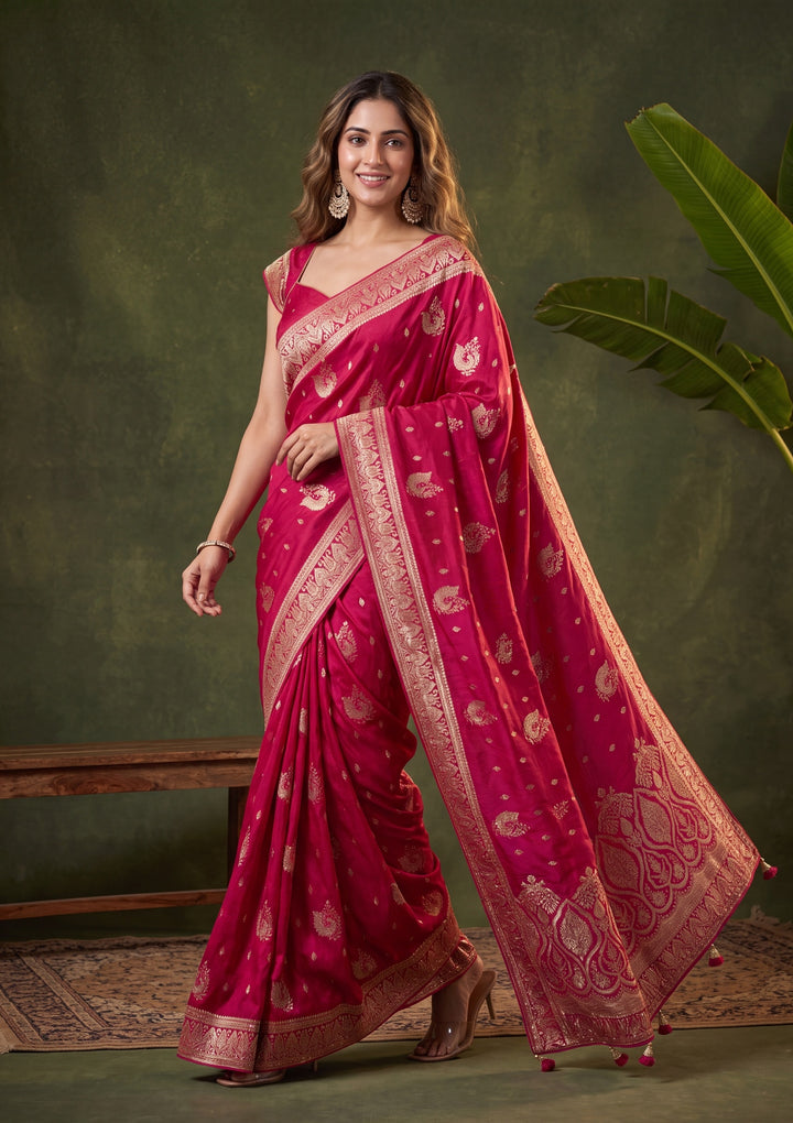 Rani Pink Banarasi Art Silk Saree With Matching Blouse Piece