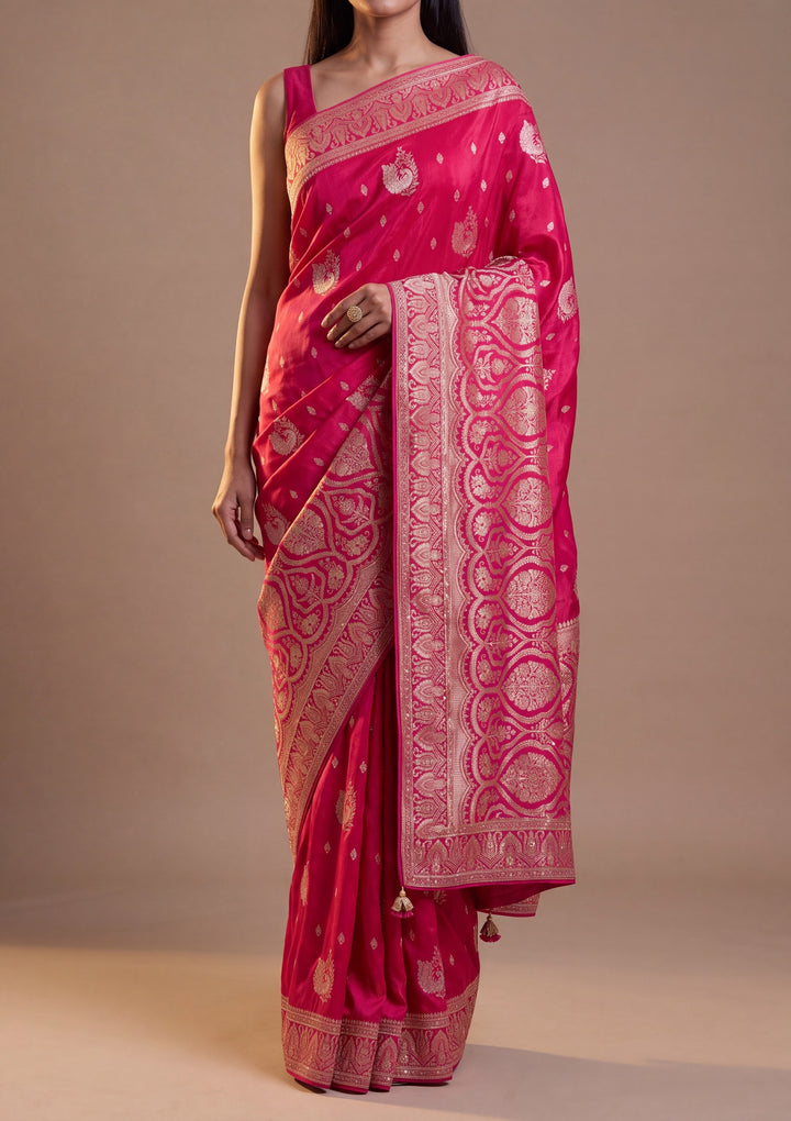 Rani Pink Banarasi Art Silk Saree With Matching Blouse Piece