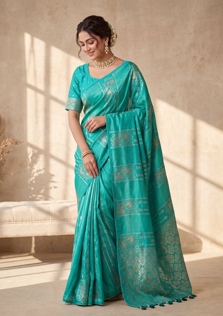Sea Green Banarasi Silk Saree With Matching Blouse Piece