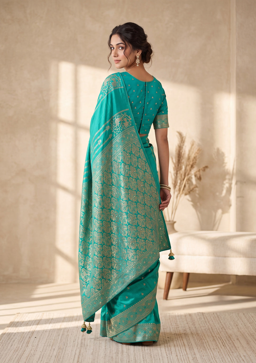 Sea Green Banarasi Silk Saree With Matching Blouse Piece
