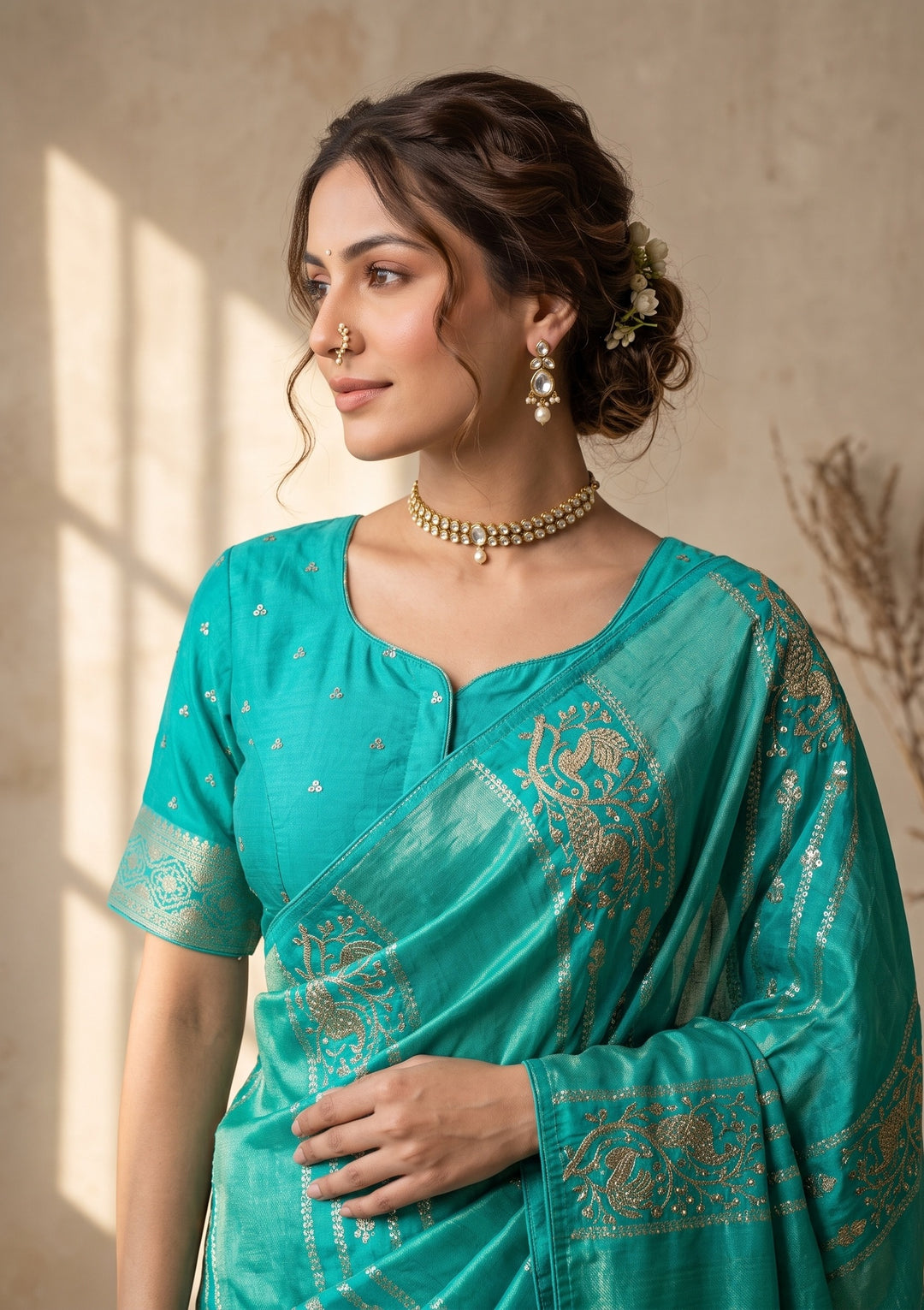 Sea Green Banarasi Silk Saree With Matching Blouse Piece