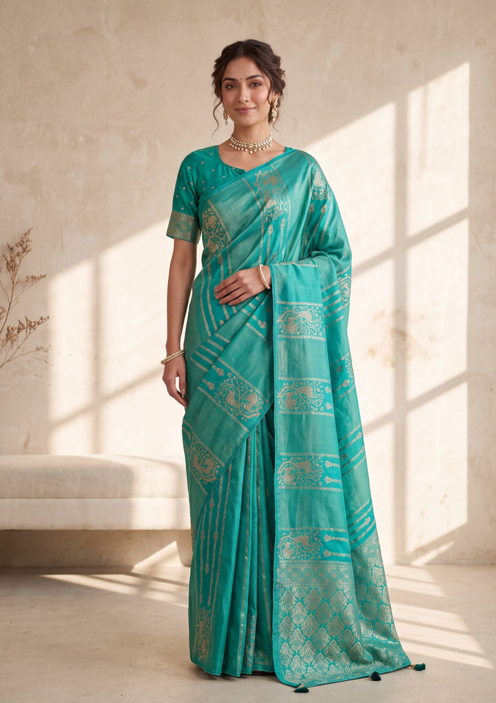 Sea Green Banarasi Silk Saree With Matching Blouse Piece