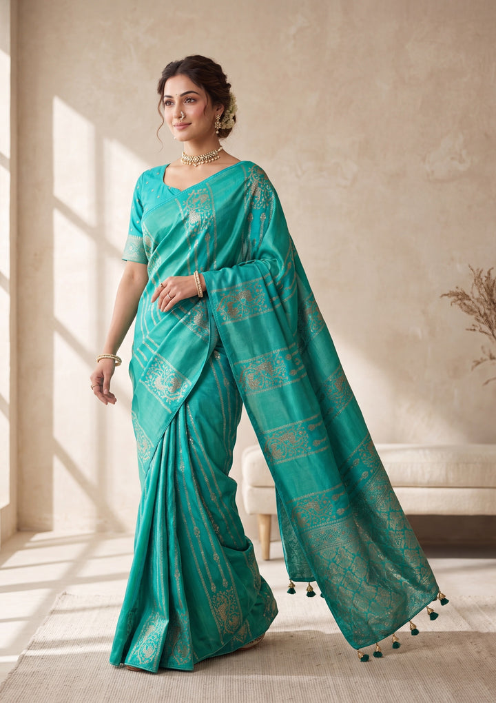 Sea Green Banarasi Silk Saree With Matching Blouse Piece