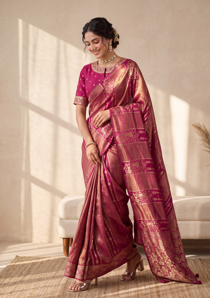 Wine Banarasi Silk Saree With Matching Blouse Piece