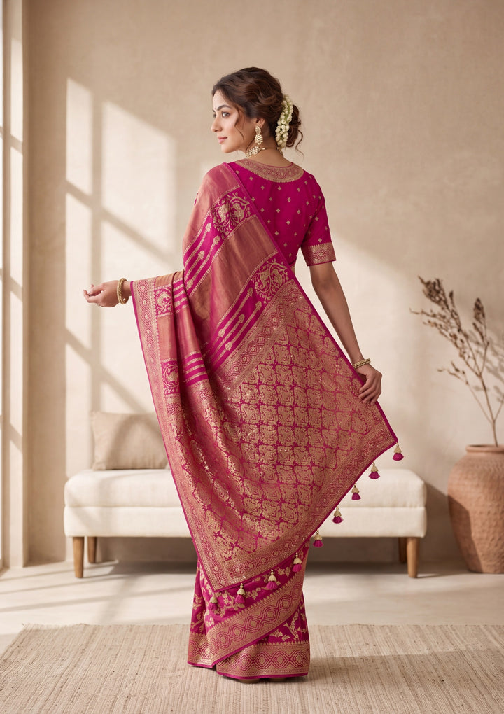 Wine Banarasi Silk Saree With Matching Blouse Piece