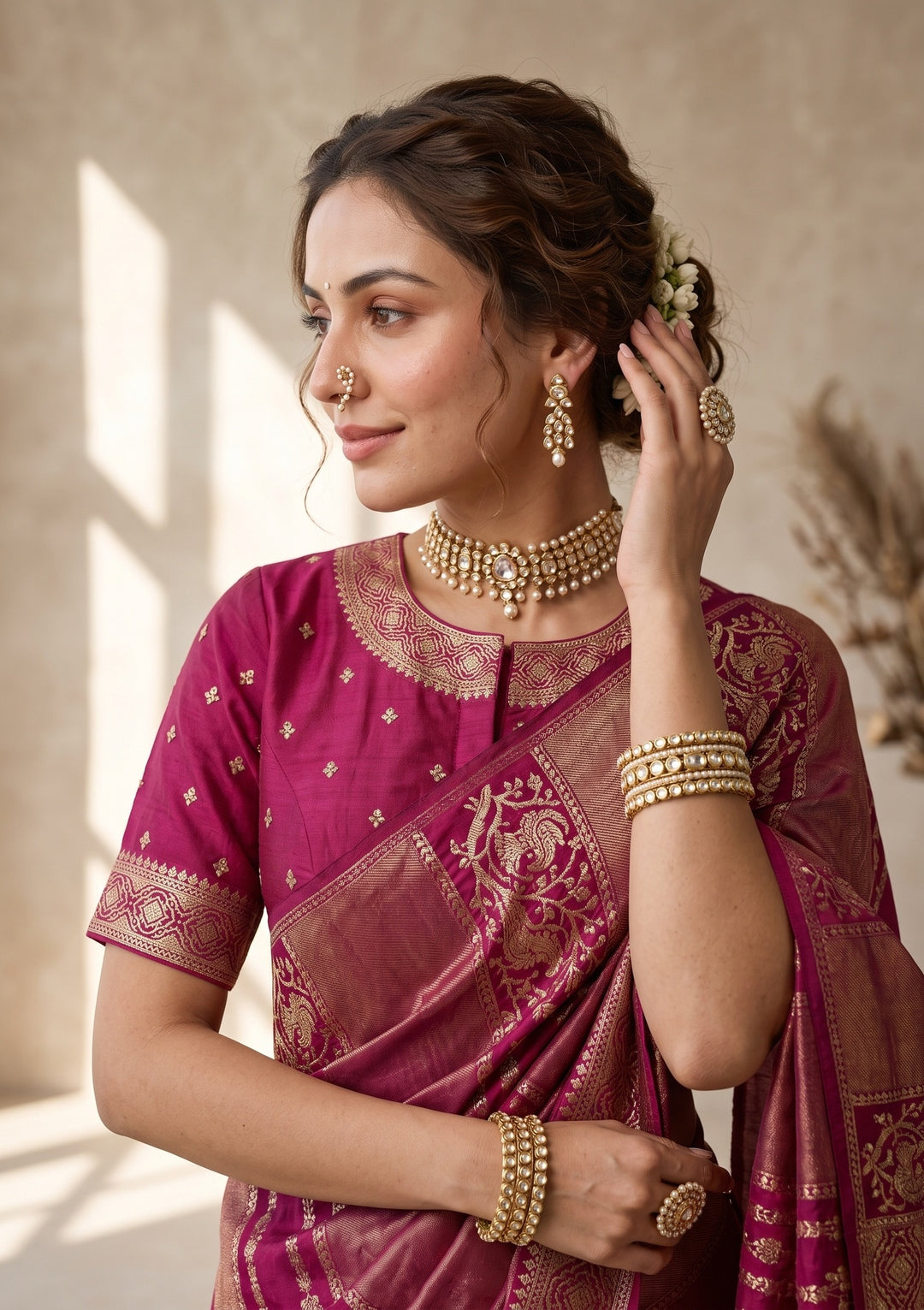 Wine Banarasi Silk Saree With Matching Blouse Piece