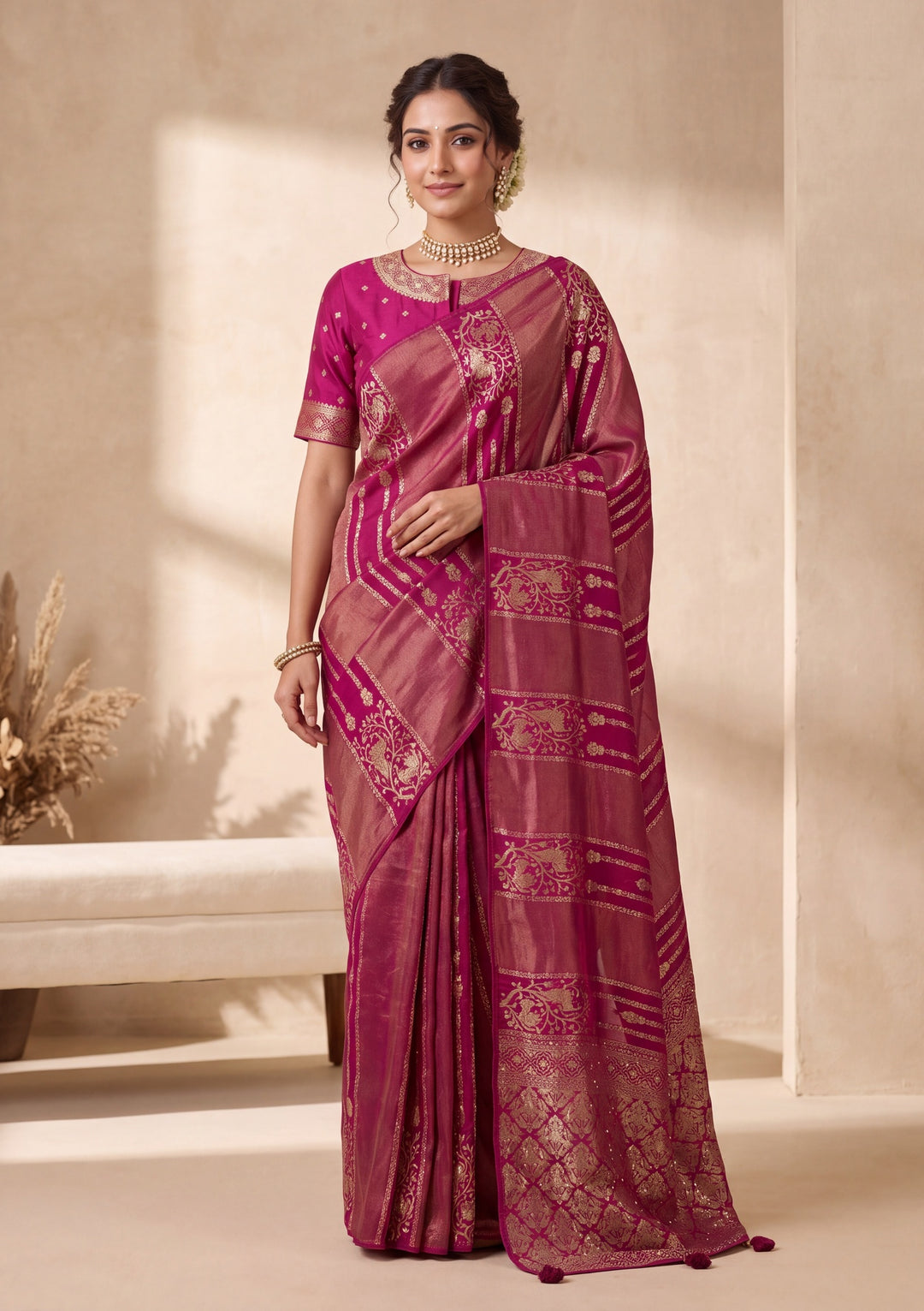 Wine Banarasi Silk Saree With Matching Blouse Piece