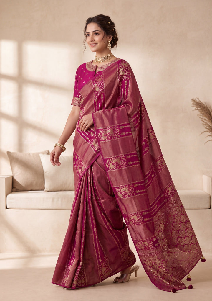 Wine Banarasi Silk Saree With Matching Blouse Piece