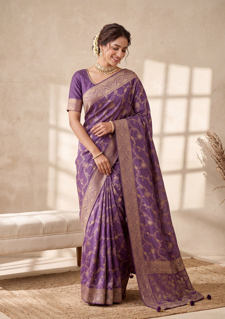 Purple Banarasi Silk Saree With Matching Blouse Piece
