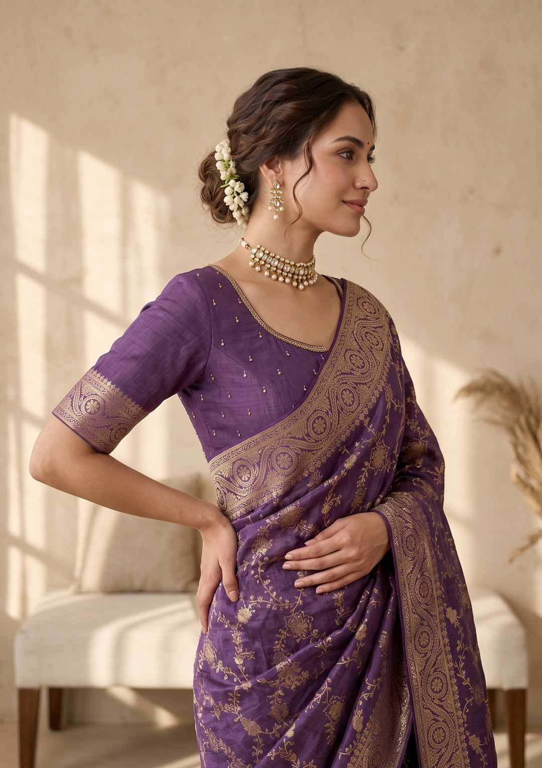 Purple Banarasi Silk Saree With Matching Blouse Piece