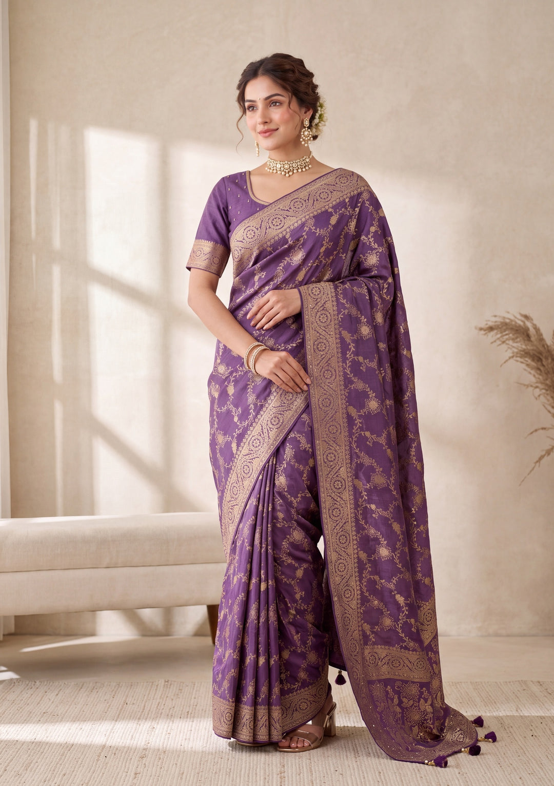 Purple Banarasi Silk Saree With Matching Blouse Piece