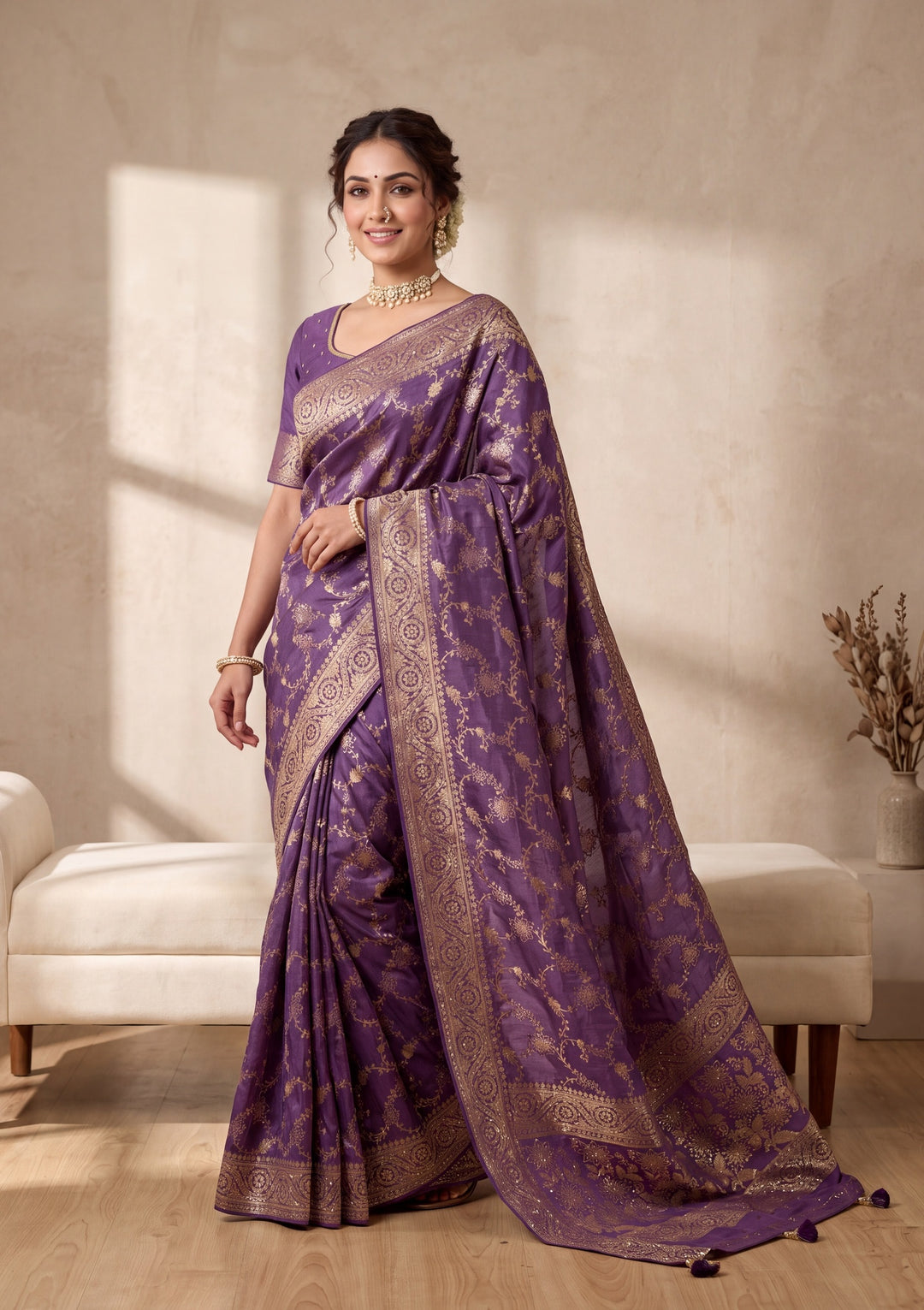 Purple Banarasi Silk Saree With Matching Blouse Piece