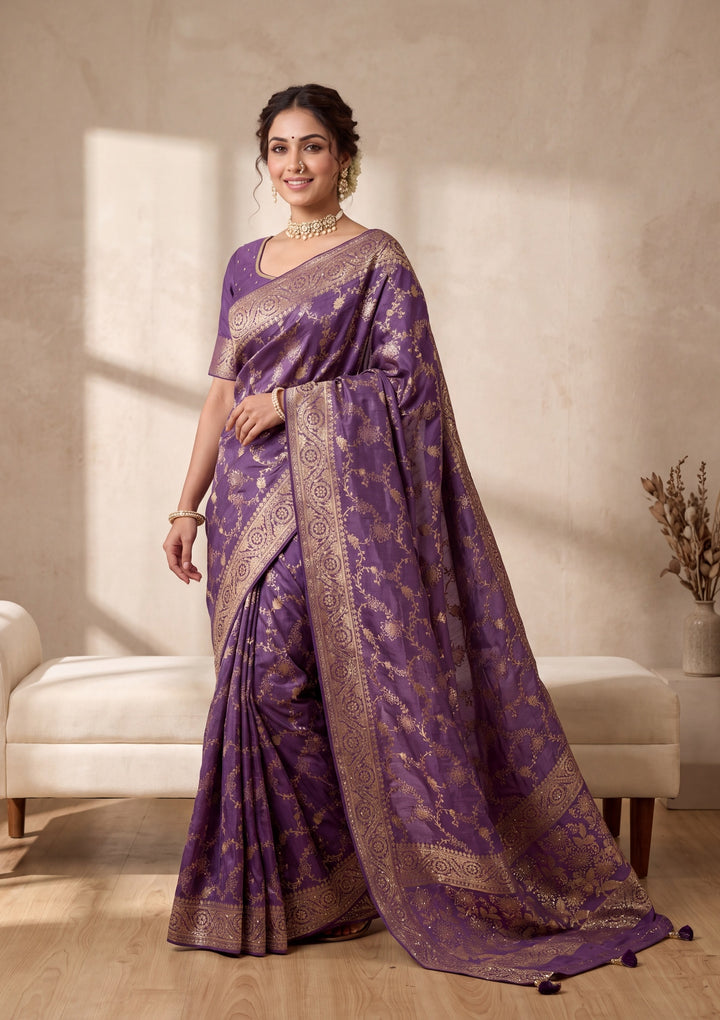 Purple Banarasi Silk Saree With Matching Blouse Piece
