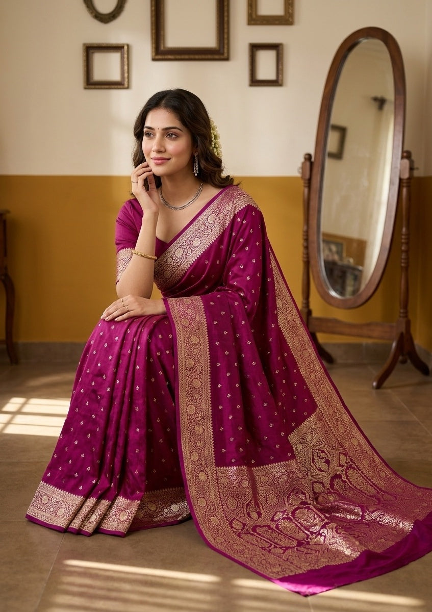 Wine Silk Buti Gold Stonework Saree With Matching Blouse Piece