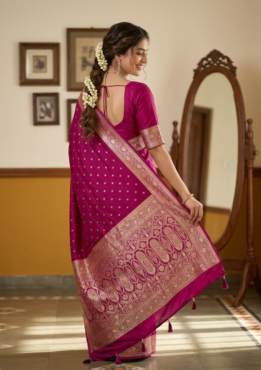 Wine Silk Buti Gold Stonework Saree With Matching Blouse Piece