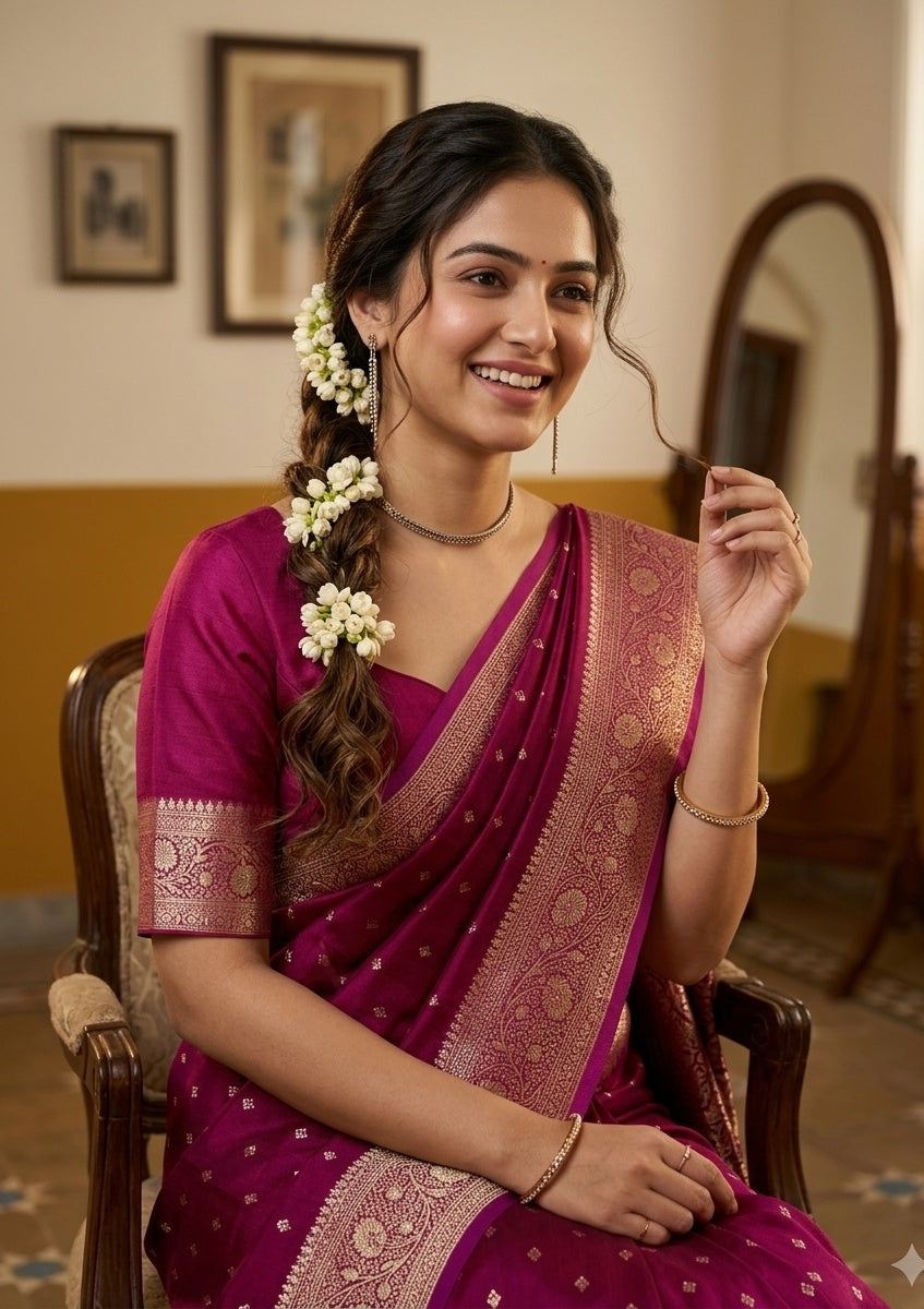 Wine Silk Buti Gold Stonework Saree With Matching Blouse Piece