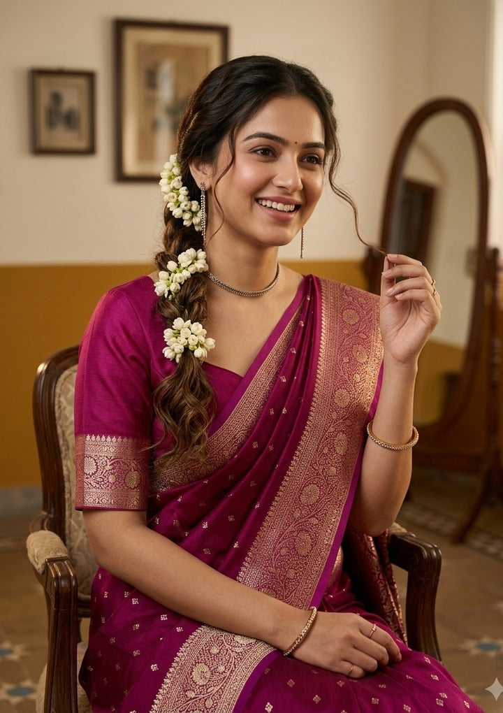 Wine Silk Buti Gold Stonework Saree With Matching Blouse Piece