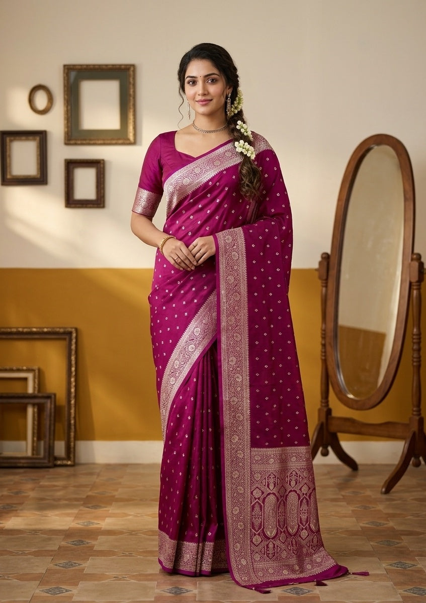 Wine Silk Buti Gold Stonework Saree With Matching Blouse Piece
