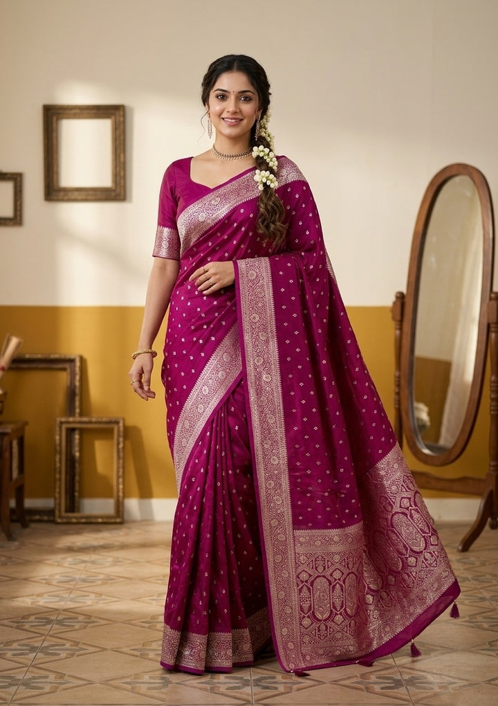 Wine Silk Buti Gold Stonework Saree With Matching Blouse Piece