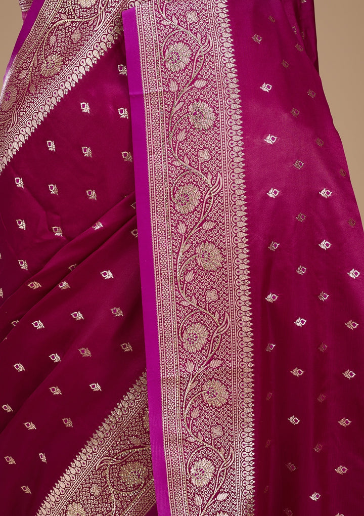 Wine Silk Buti Gold Stonework Saree With Matching Blouse Piece