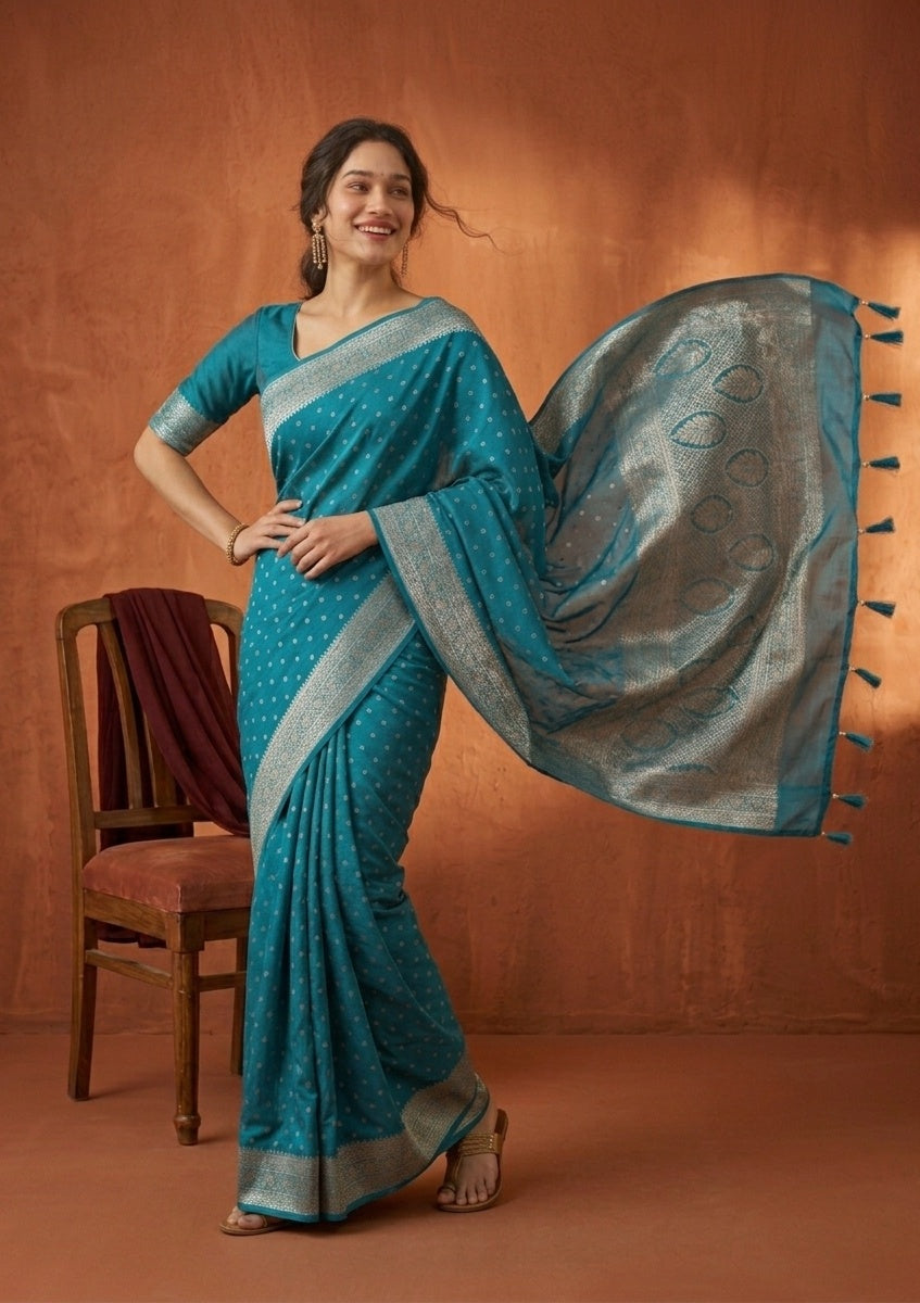 Turquoise Blue Silk Buti Gold Stonework Saree With Matching Blouse Piece