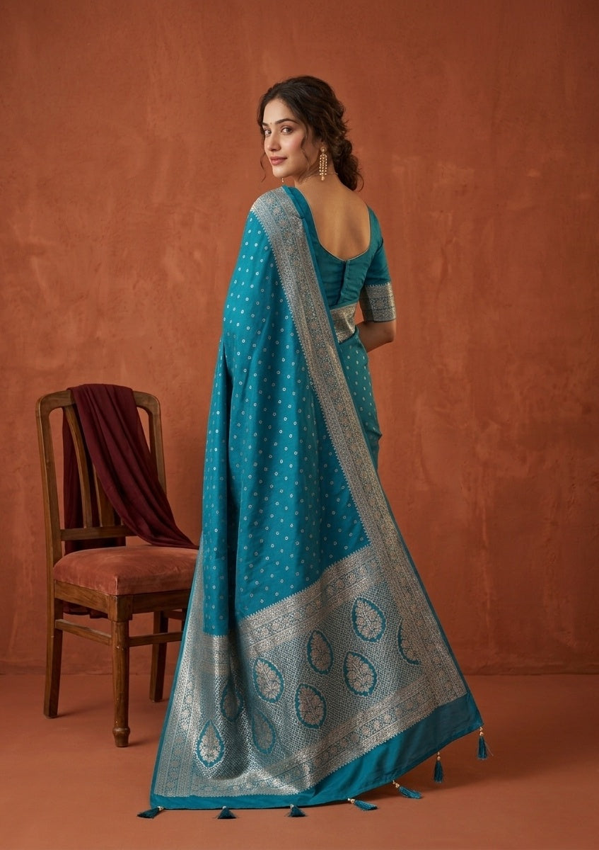 Turquoise Blue Silk Buti Gold Stonework Saree With Matching Blouse Piece