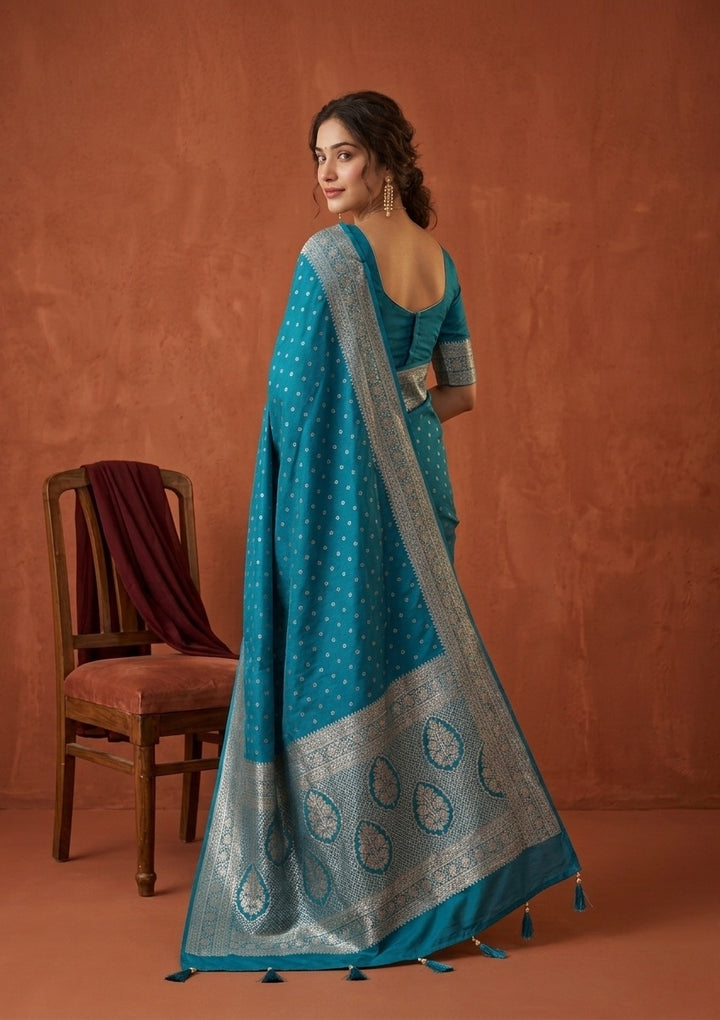 Turquoise Blue Silk Buti Gold Stonework Saree With Matching Blouse Piece