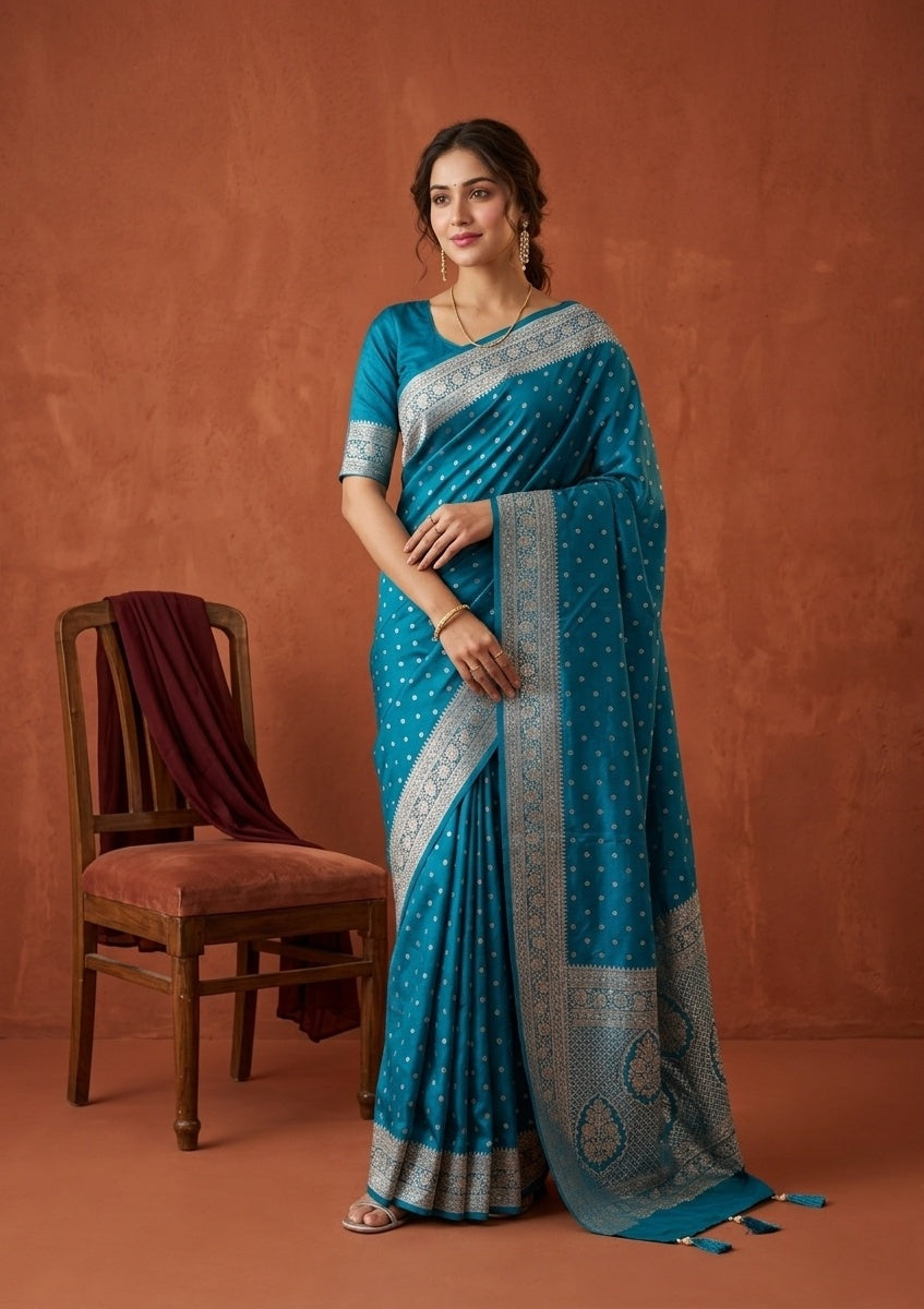 Turquoise Blue Silk Buti Gold Stonework Saree With Matching Blouse Piece