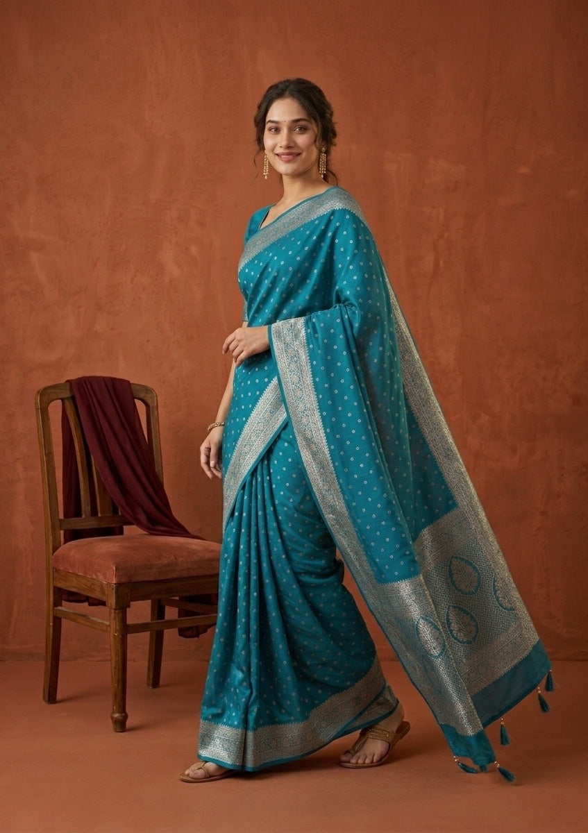 Turquoise Blue Silk Buti Gold Stonework Saree With Matching Blouse Piece