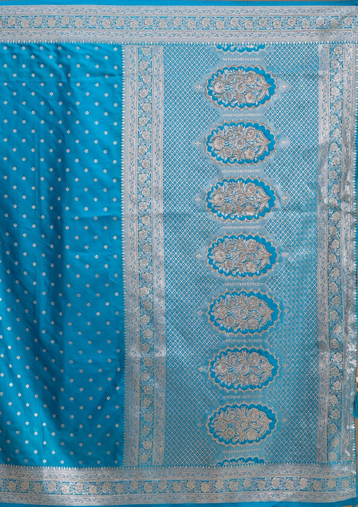 Turquoise Blue Silk Buti Gold Stonework Saree With Matching Blouse Piece