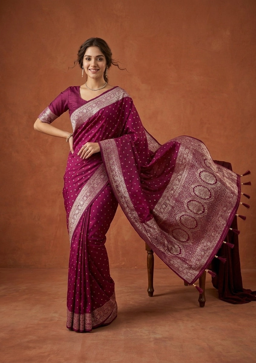 Wine Silk Buti Gold Stonework Saree With Matching Blouse Piece