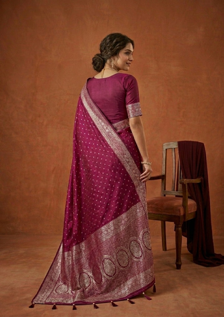 Wine Silk Buti Gold Stonework Saree With Matching Blouse Piece