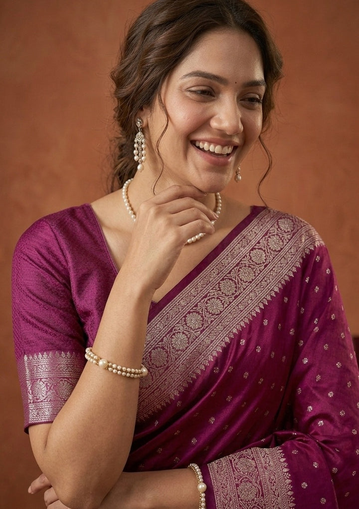 Wine Silk Buti Gold Stonework Saree With Matching Blouse Piece