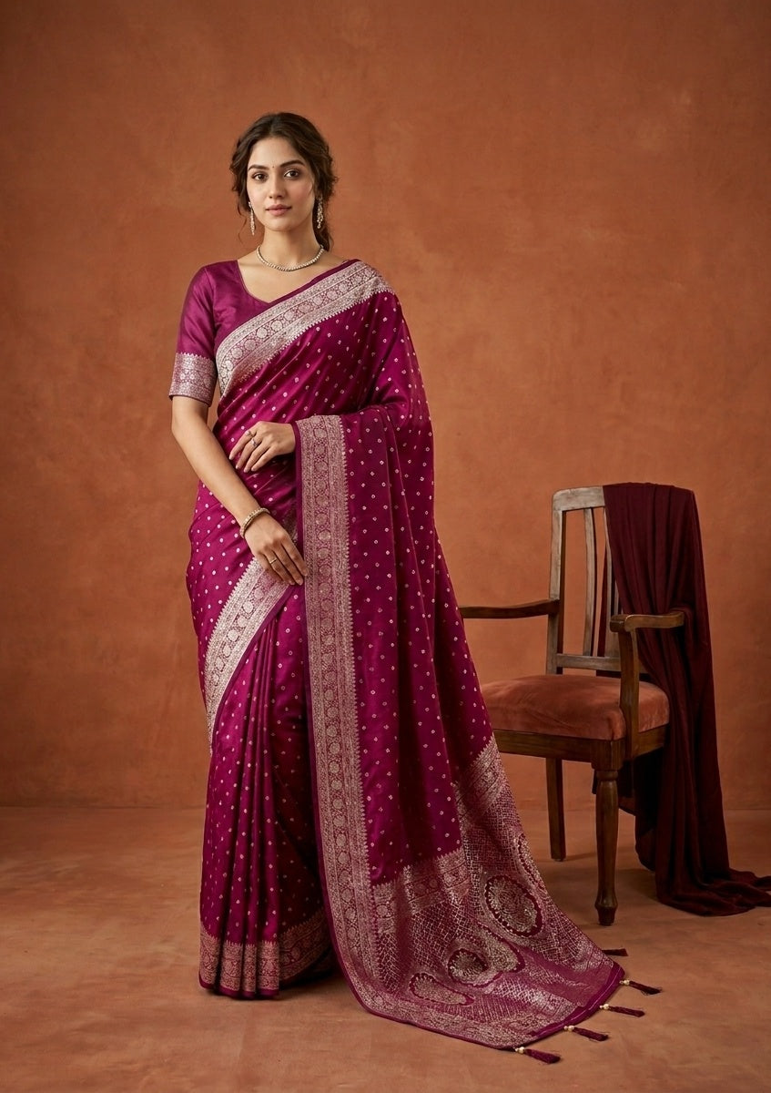 Wine Silk Buti Gold Stonework Saree With Matching Blouse Piece
