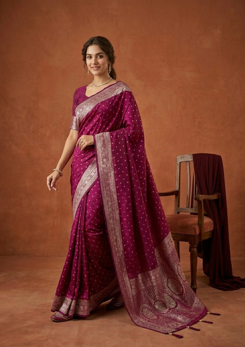 Wine Silk Buti Gold Stonework Saree With Matching Blouse Piece