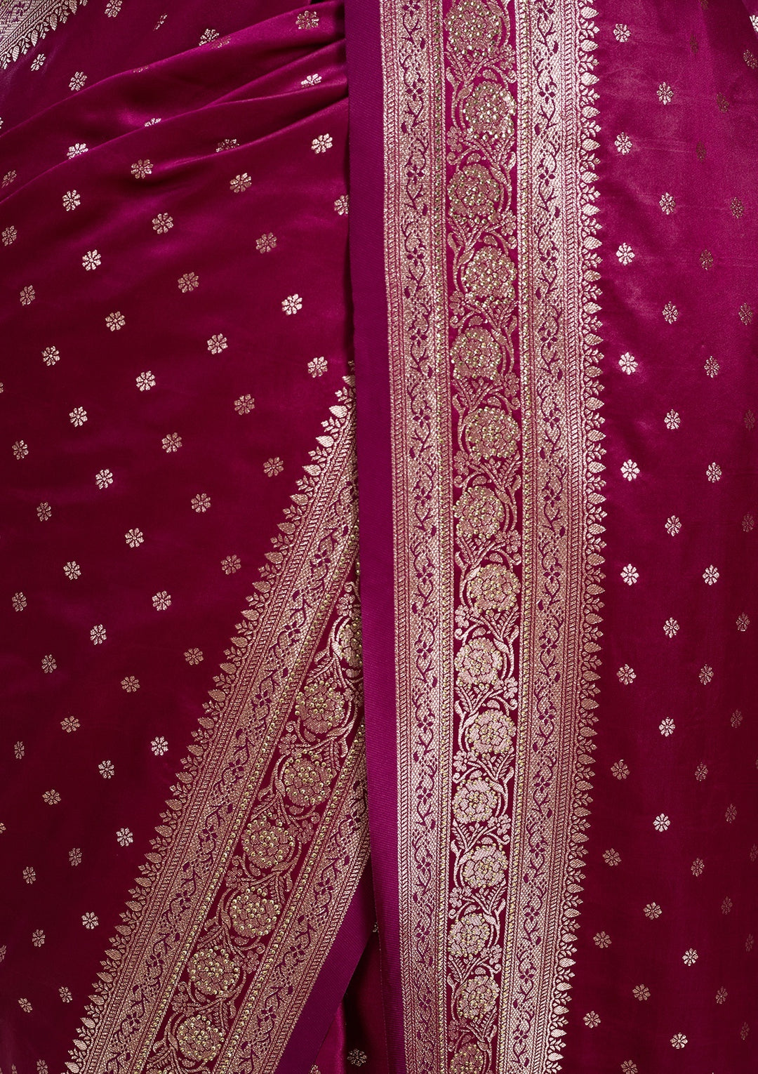 Wine Silk Buti Gold Stonework Saree With Matching Blouse Piece